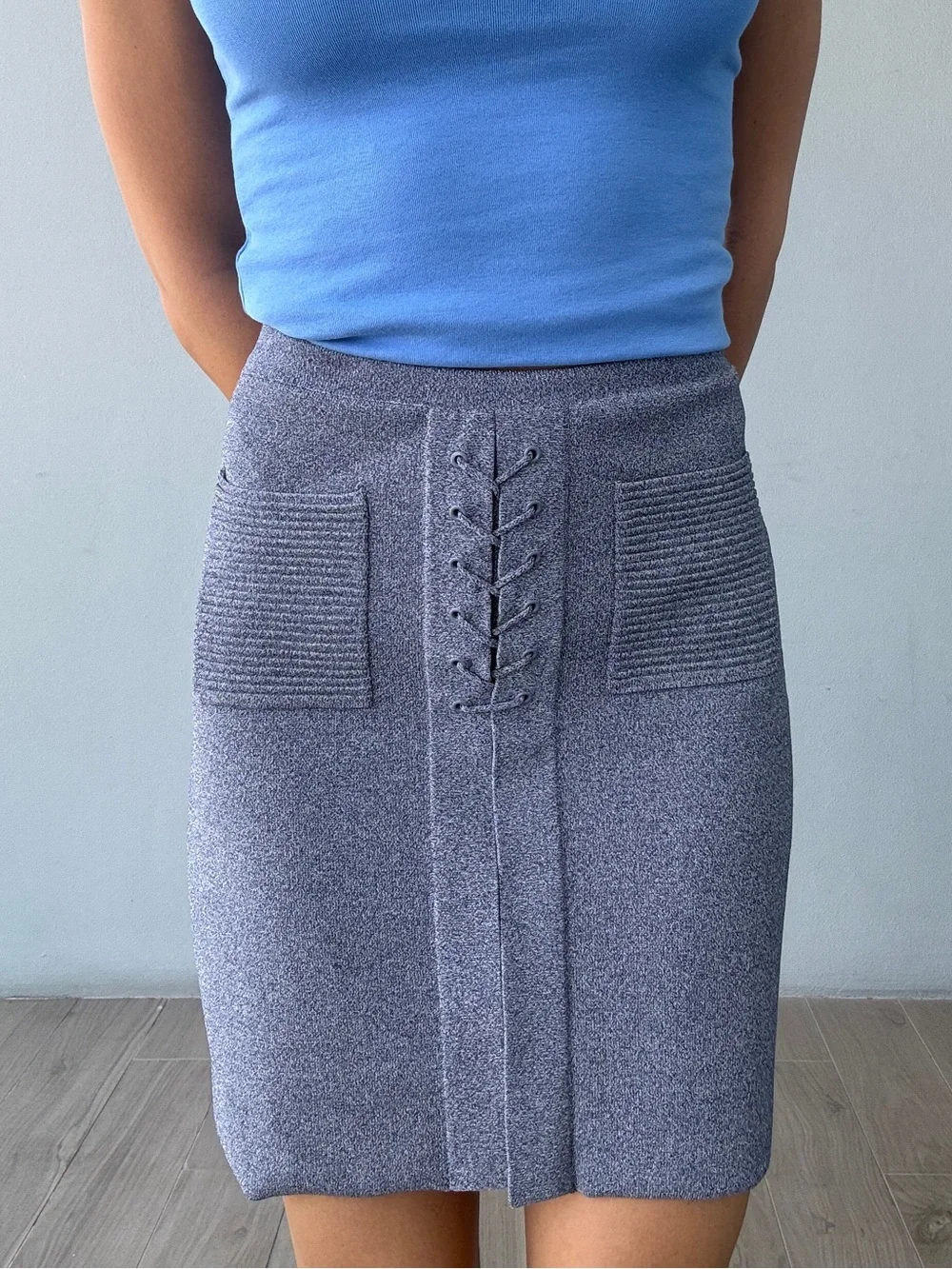 Knit Lace-Up Pocket Skirt in Heather Blue